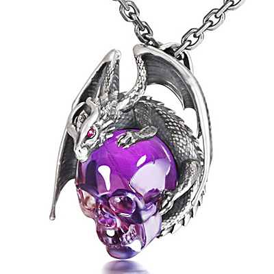 Necklace of Amethyst Crystal Skull & 925 Sterling Silver Dragon with Ruby Eyes Pendant and 925 Sterling Silver Chain